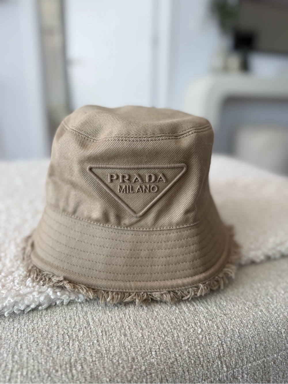 Prada Taupe Canvas Bucket Hat with Embossed Logo